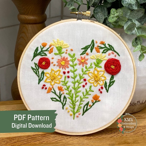 Floral Heart Hand Embroidery PDF Pattern Digital Download - All Skill Level - PDF PNG Template -Ivy Rose Wild Flower Love Learn to Embroider