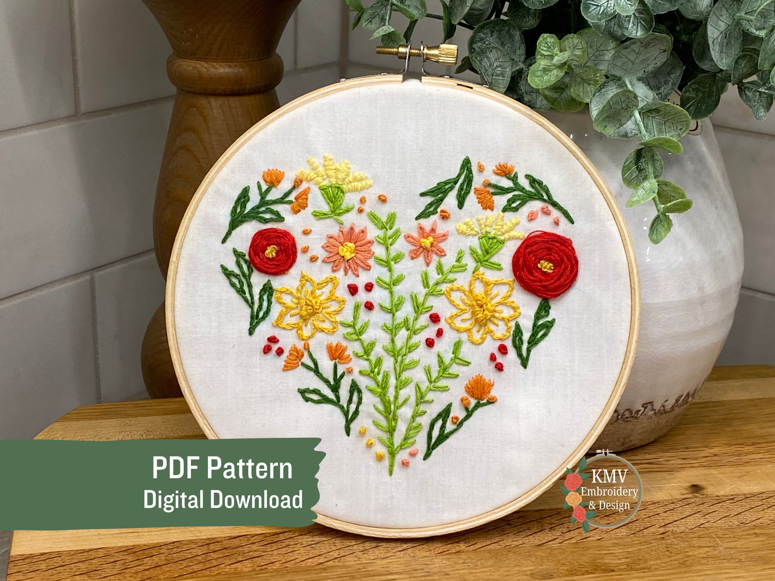 Floral Heart Hand Embroidery PDF Pattern Digital Download - All Skill ...