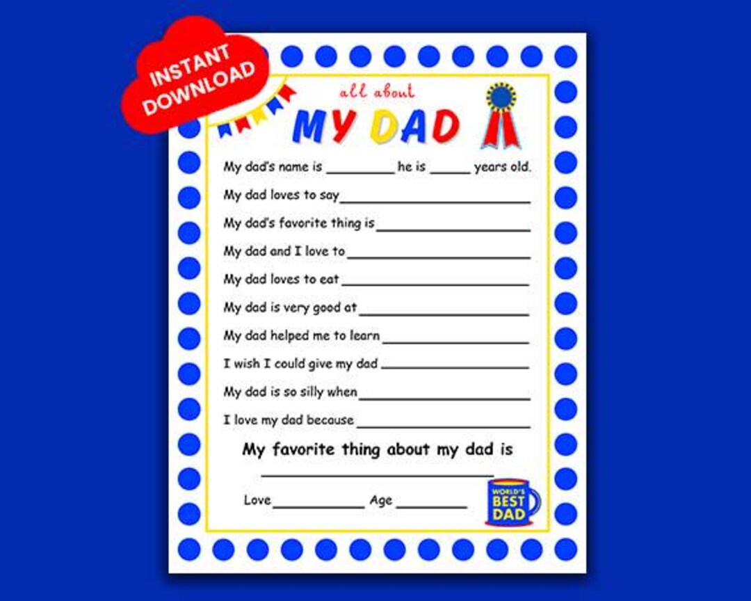 All About My Dad Printable | Fathers Day Questionnaire | Father's Day ...