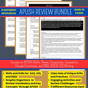 May include: A colourful poster with the text "APUSH Review Bundle" in a bold, white font. The poster features a variety of images and text related to American history, including a map of the United States, a timeline of important events, and a list of key concepts. The poster also includes the text "Over 70 Pages" and "11 Different Resources".