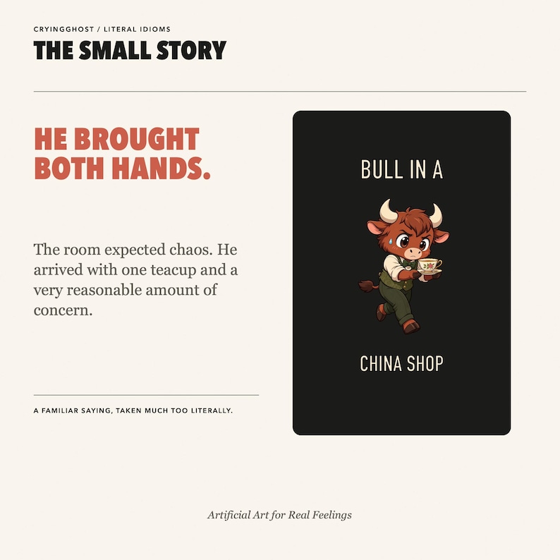 May include: A rectangular print featuring the text CRYINGGHOST / LITERAL IDIOMS, THE SMALL STORY, HE BROUGHT BOTH HANDS, and a cartoon bull holding a teacup with the text BULL IN A CHINA SHOP. The bottom text reads A FAMILIAR SAYING, TAKEN MUCH TOO LITERALLY.