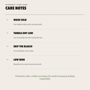 May include: A white informational card titled CARE NOTES by CRYINGGHOST / LITERAL IDIOMS. It lists four garment care instructions: WASH COLD, TUMBLE DRY LOW, SKIP THE BLEACH, and LOW IRON, each with specific sub-text instructions and a final note.