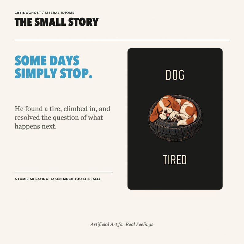 Op de afbeelding: Een rechthoekige print getiteld THE SMALL STORY met de tekst SOME DAYS SIMPLY STOP. Daaronder toont een zwarte kaart het woord DOG boven een illustratie van een bruin-witte puppy die in een zwarte band slaapt, met het woord TIRED eronder.