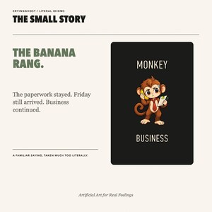 May include: A rectangular black card featuring a cartoon monkey wearing a red tie, holding a banana to its ear like a phone and carrying a clipboard. The text MONKEY appears above the illustration and the word BUSINESS appears below it in white.