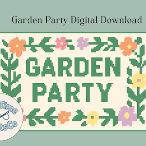 PDF-patroon tuinfeest borduren | 10 x 6 inch bloemdessin voor 13 mesh canvas | Digitale downloadkaart