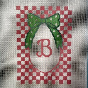 Custom Initial Door Hanger Needlepoint Canvas | Hand-Painted 13 Mesh | Gingham or Stripe Background with Bow