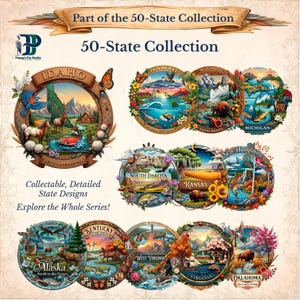 May include: A selection of illustrated state designs from the 50-State Collection. Each circular design showcases detailed imagery representing different states, including Idaho, Hawaii, Wyoming, Michigan, Alaska, Kentucky, South Dakota, Kansas, West Virginia, Virginia, and Oklahoma. The designs have decorative borders.