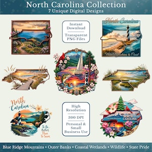May include: A collection of seven digital designs featuring North Carolina themes, including state maps, lighthouses, sailboats, mountains, and coastal wetlands. The graphics incorporate text such as North Carolina, From Mountains to Coast, and To Be Rather Than To Seem, presented in various colorful, detailed illustrations.