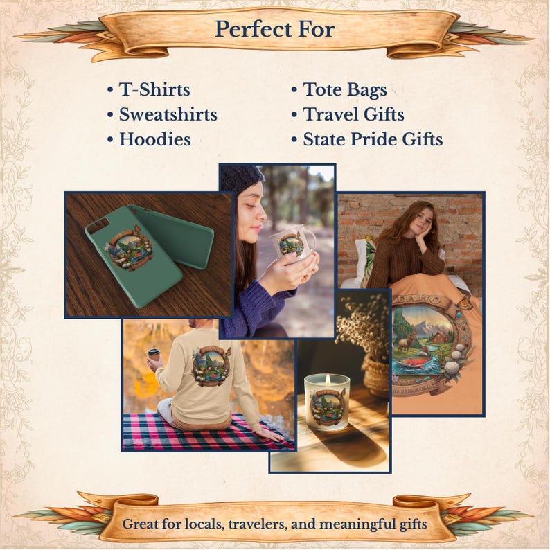 May include: Promotional image with text "Perfect For" and "Great for locals, travelers, and meaningful gifts." Featured products include t-shirts, sweatshirts, hoodies, tote bags, travel gifts, and state pride gifts. The image shows a phone case, mug, blanket, candle, and long-sleeve shirt.