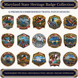 May include: A collection of 15 embroidered travel patches titled Maryland State Heritage Badge Collection. Each patch features colorful illustrations of Maryland landmarks, wildlife, and symbols like blue crabs, orioles, and the Chesapeake Bay.