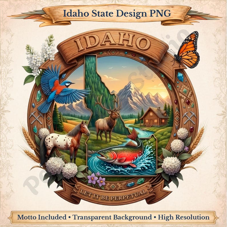 May include: A digital design of Idaho, featuring a landscape with mountains, a river, a cabin, and wildlife. The design includes a horse, elk, and fish. The text "IDAHO" is at the top, with "LET IT BE PERPETUAL" at the bottom.