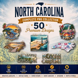 Pacote de imagens PNG da Carolina do Norte | Desenhos dos 50 estados, patrimônio histórico, paisagens (Download digital)