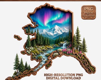 Op de afbeelding: Een houten miniatuurlandschap van Alaska, met een gedetailleerde interieurscène van bergen, een waterval en een rivier onder een levendige aurora borealis. Het staatsvormige frame bevat de tekst "Alaska" en "Handcrafted America". Een "PNG Digital Download" grafiek is ook aanwezig.