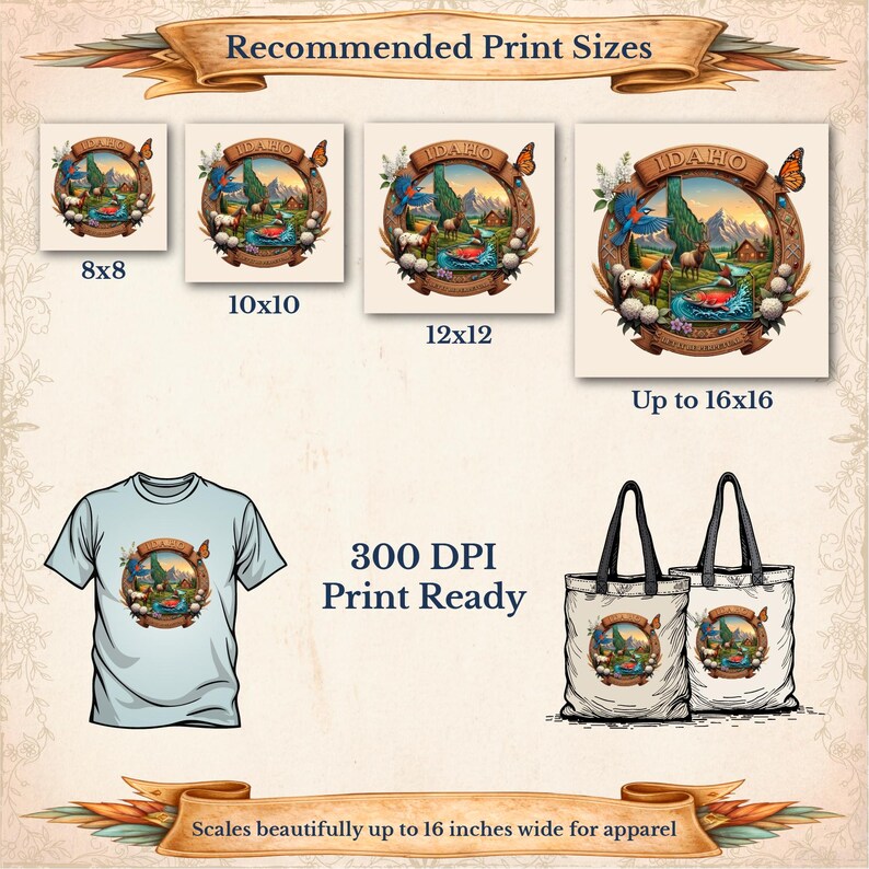 May include: Image displaying Idaho-themed prints in sizes such as 20x20cm, 25x25cm, 30x30cm, and up to 40x40cm. The design is also on a light blue t-shirt and tote bags. The text indicates the prints are 300 DPI and ready for printing.