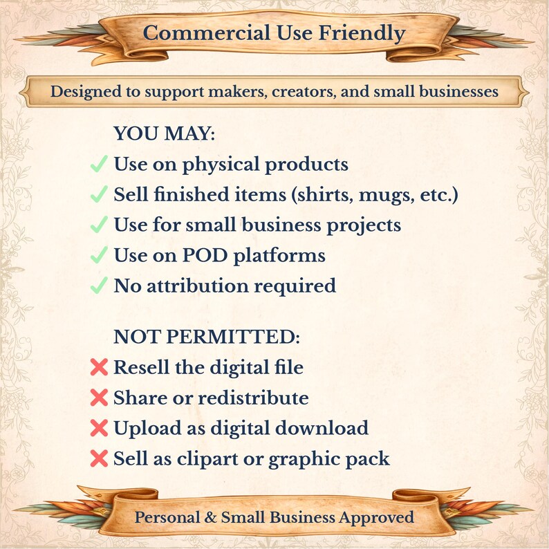 May include: A beige graphic with text that reads "Commercial Use Friendly" and "Designed to support makers, creators, and small businesses." The image lists what is permitted and not permitted for use of the product.