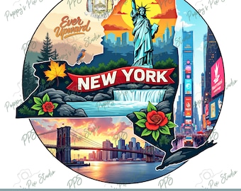 New York PNG | Statue of Liberty & Cityscape | Transparent POD File | Illustration