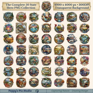 Puede incluir: Una colección de 50 ilustraciones circulares, cada una representando un estado de EE. UU. Las imágenes presentan paisajes detallados, monumentos y símbolos estatales, rodeados de bordes florales. El texto "The Complete 50 State Hero PNG Collection" está en la parte superior.