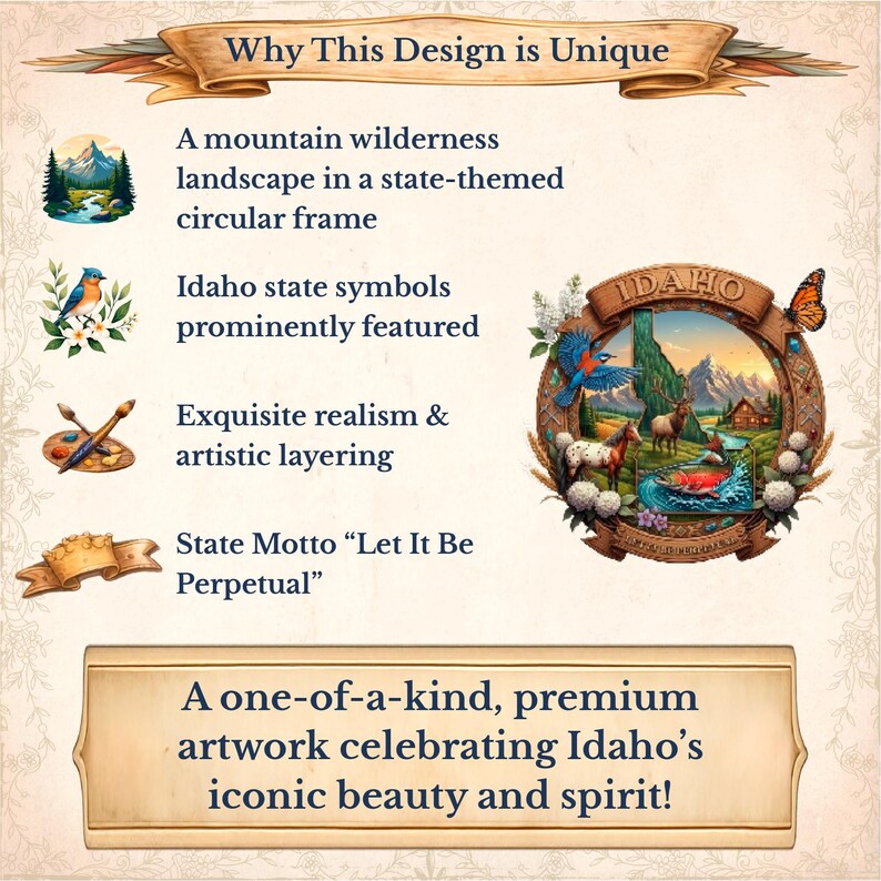 May include: An artwork celebrating Idaho's beauty, featuring a circular frame with a mountain landscape, state symbols, and the state motto. The design highlights exquisite realism and artistic layering, with the text "Why This Design is Unique".