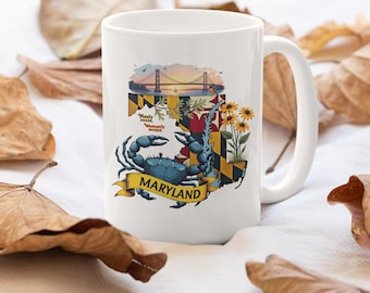 Maryland Coffee Mug: Blue Crab & State Flag Art