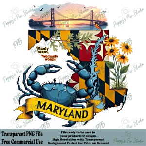 Maryland State PNG | Blue Crab & State Flag | Transparent POD Design | Illustration