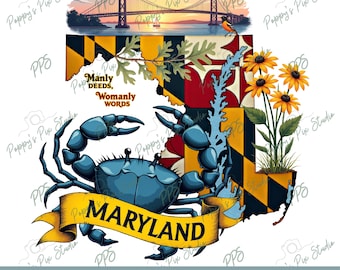 Maryland State PNG | Blue Crab & State Flag | Transparent POD Design | Illustration