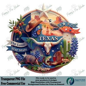 Pode incluir: Ilustração detalhada do Texas, com chapéu de cowboy, crânio de chifre longo e símbolos estaduais. O design inclui uma estrela azul, o texto "TEXAS" e as palavras "The Lone Star State". A imagem é cercada por uma moldura circular.