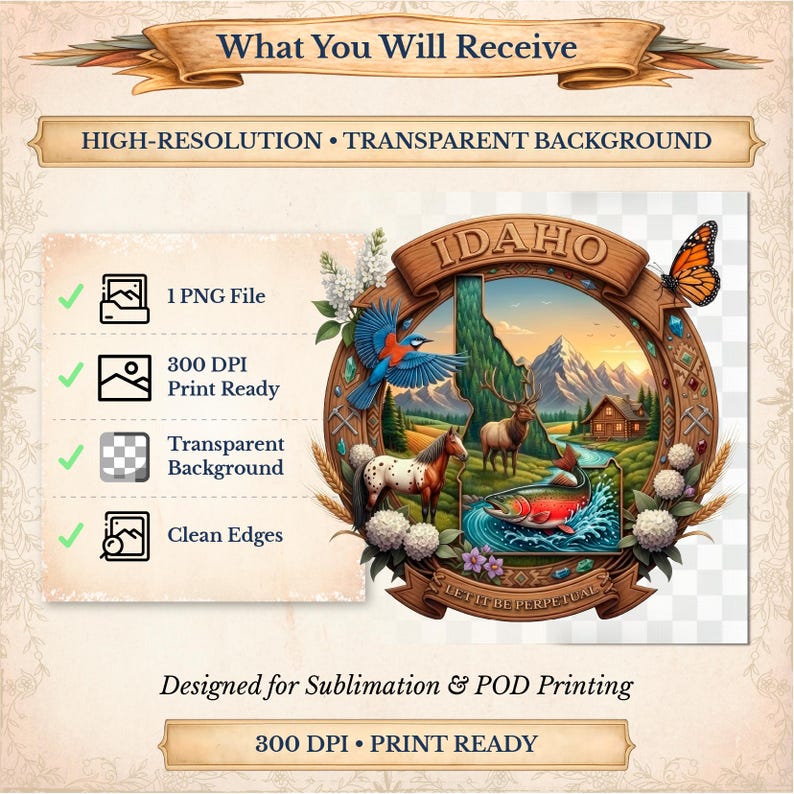 May include: Digital design of Idaho state, with a mountain landscape, wildlife, and the text "IDAHO". The design includes a butterfly, a bird, and the words "LET IT BE PERPETUAL". Designed for sublimation and POD printing.