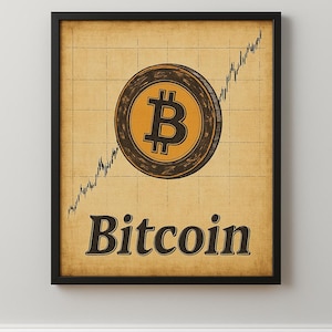 May include: Framed Bitcoin art print. The artwork features a gold Bitcoin coin with the Bitcoin symbol and the word "Bitcoin" in a bold font. A line graph ascends behind the coin, set against a tan background.
