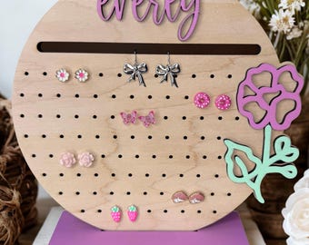 Personalized Floral Jewelry Stand | Custom Name Earring Holder | Holds 40+ Pairs of Studs