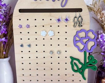 Personalized Floral Jewelry Stand | Custom Name Earring Holder | Holds 36+ Pairs of Studs