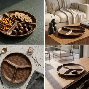 Peut inclure: Un plateau de service rond en bois brun foncé doté de trois compartiments incurvés distincts séparés par des séparateurs intégrés. Le plateau présente un motif de grain de bois visible et une finition lisse et polie, conçue pour organiser et présenter des aliments.
