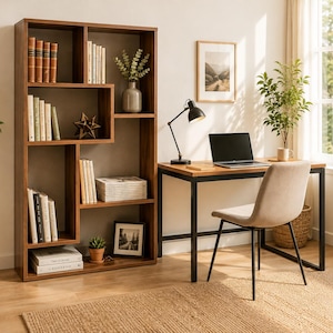 May include: A tall, dark wood bookcase with asymmetrical shelving units filled with books, a decorative star, a vase with greenery, and a framed picture. Beside it is a desk with a black lamp, a laptop, and a beige upholstered chair.