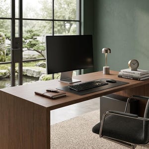 Peut inclure: Un bureau en bois foncé avec un écran d'ordinateur, un clavier noir, une souris noire, une petite lampe avec un abat-jour en dôme métallique, une horloge ronde et une pile de livres. Une chaise rembourrée gris foncé avec un cadre en métal.