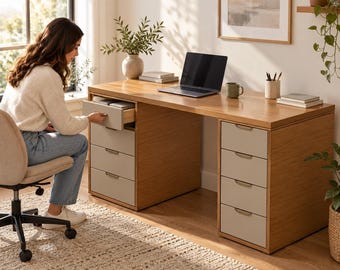Double Pedestal Wooden Desk | CNC DXF Files | table with drawers | desk build plan wood desk
