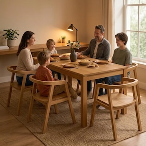 Puede incluir: Una mesa de comedor rectangular de roble claro con cuatro sillas de madera a juego con respaldos curvos. La mesa está dispuesta con varios platos de cerámica con comida, un jarrón gris oscuro con tallos verdes y una lámpara de escritorio negra.