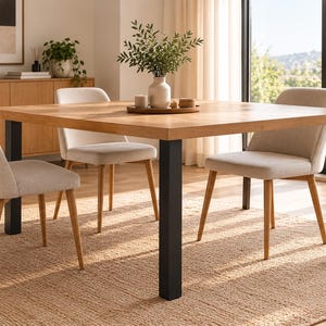 Peut inclure: Une table à manger carrée avec un plateau en bois clair et quatre pieds en métal noir, accompagnée de trois chaises rembourrées dotées d'assises en tissu beige clair et de pieds fuselés en bois clair, sur un tapis tissé texturé.