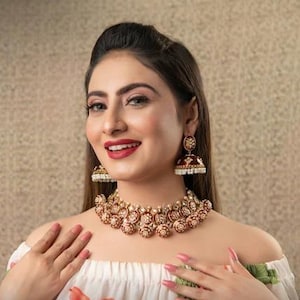 Bridal Kundan Choker Necklace Set Red and Gold Bridal Jewelry Indian Wedding Necklace & Jhumka Earrings Pakistani Bridal Jewelry
