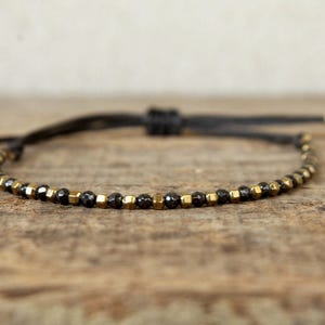 Black and gold hematite bead bracelet, Minimalist adjustable bracelet for men, Unisex Stackable bracelet, Men&#39;s friendship bracelet gift