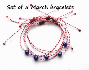 Set of 5 Martis Bracelets, March bracelet, Martaki, Traditional Greek favors, Evil eye bracelet,Business gifts, Martitsi, Red white bracelet