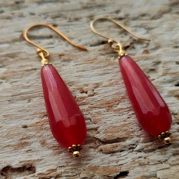 Red Jade Teardrop Dangle Earrings,  Gold Plated Sterling Silver Long Minimalist drop Earrings