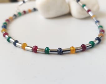 Colorful agate and hematite gemstones necklace, Multicolored Beaded choker, Silver short necklace, Summer vivid color necklace,