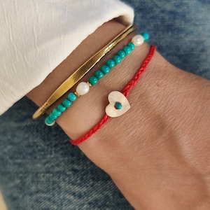 Small silver heart red string bracelet with turquoise bead, Love red braided bracelet gift for her, Everyday friendship summer bracelet