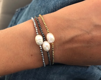 Pulsera de hematita de oro para mujeres, regalo de dama de honor, pulsera de perla barroca, pulsera de cuentas de oro, pulsera de piedra de oro, Joyería de damas