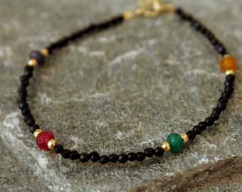 Pulsera de ónix para mujer, pulsera de cuentas negras diminutas, pulsera de ónix de ágata, pulsera de piedras semipreciosas, pulsera de capas minimalista