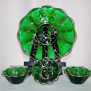 vintage, emerald green  MCM bowl serving set