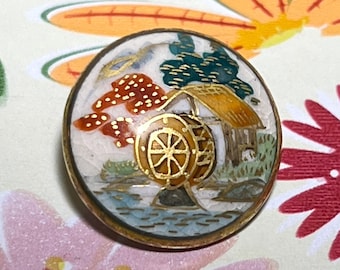 Satsuma Button Of Water Mill And Trees, Vintage Satsuma Button