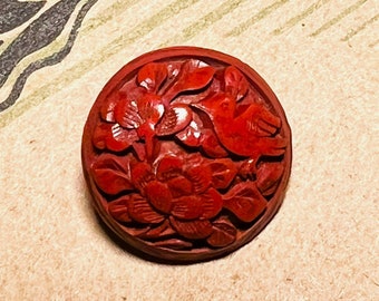 Red Cinnabar Button Of Bird And Flowers