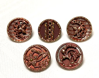 Antique Victorian Red Tinted Brass Button Mix Of 5
