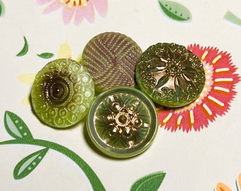 Green Czech Glass Buttons Mix of 4 Small Buttons with Luster or Paint