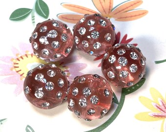 Vintage Pink Plastic Buttons With Rhinestones Set Of 5